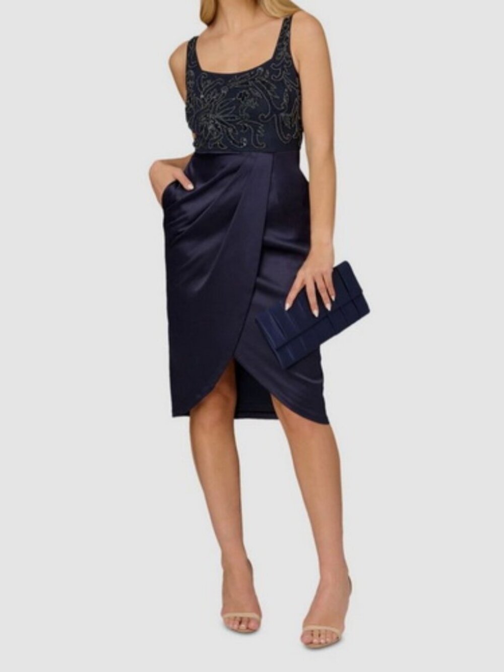 Aidan Mattox by Adrianna Papell Blue Beaded Square Neck Dress